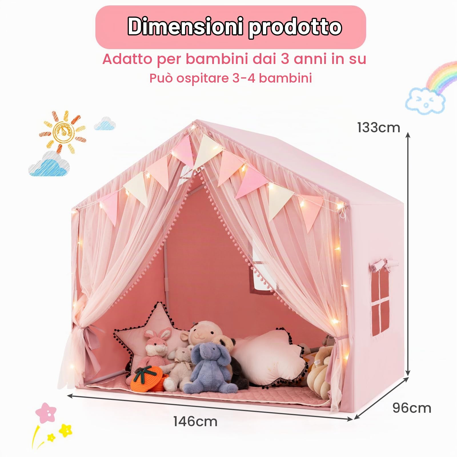 HOMASIS Tenda per Bambini Indoor, Casa da Gioco con Tappetino, Luci e Bandiere, Tenda da Gioco in Cotone, Tenda per Principesse per Ragazze e Ragazzi dai 3+ Anni per Camera dei Bambini (Rosa)