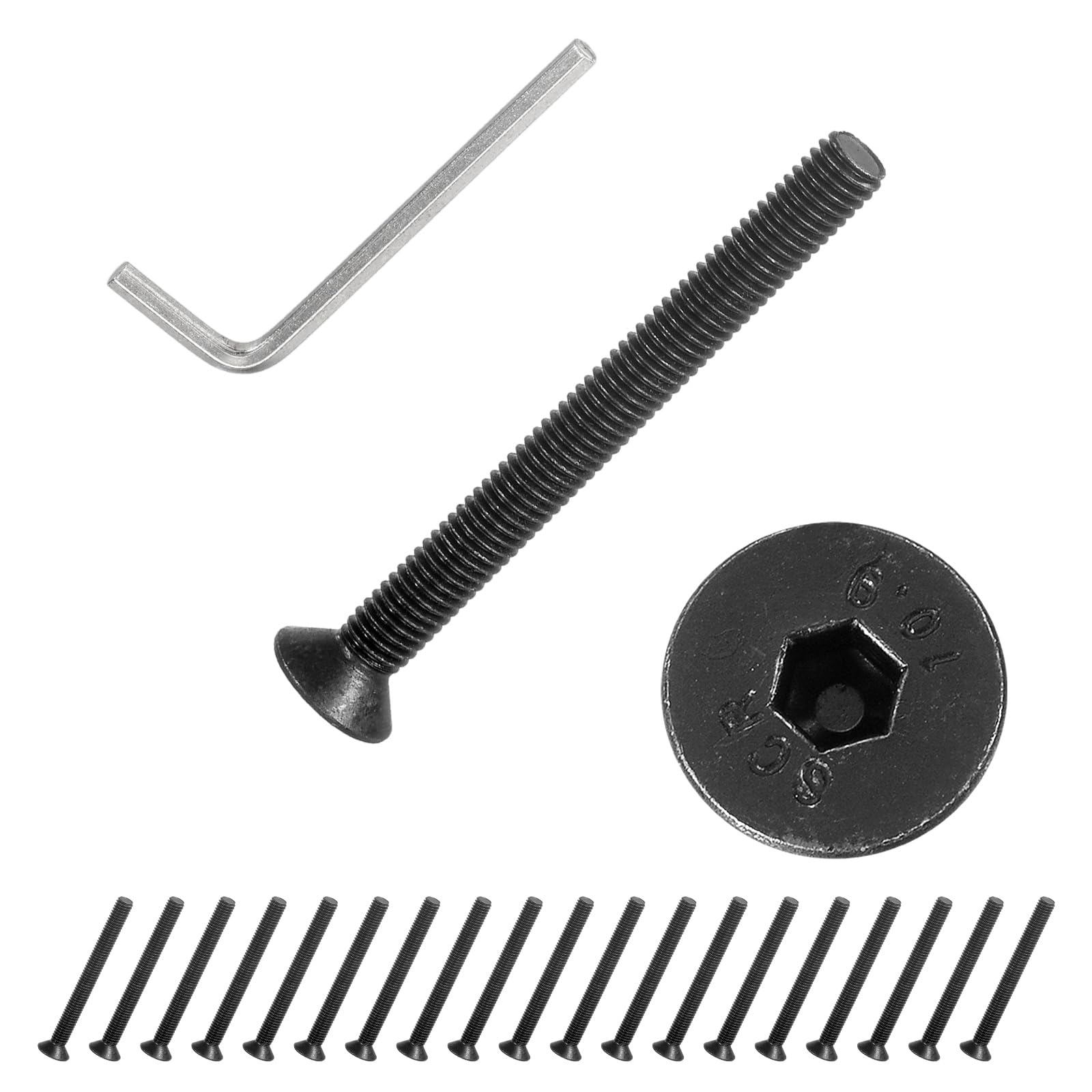 PATIKIL M5x50 mm Flat Head Socket Cap Screws, 20 Pcs Carbon Steel Flat Countersunk Bolts Hex Socket Drive Machine Screws Full Thread Grade 10.9 with Hex Spanner, Black