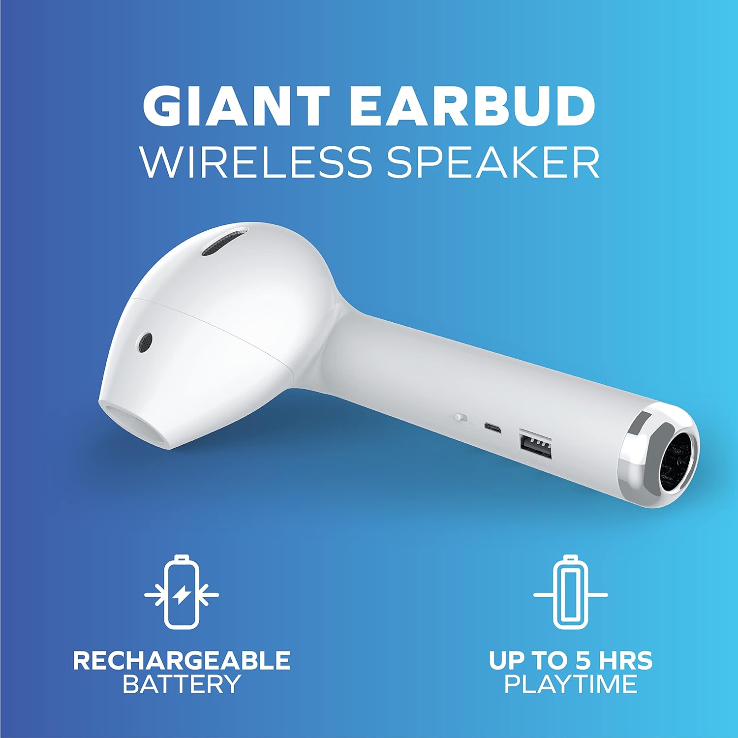 Coby speaker with icons for rechargeable battery and 5 hours playtime