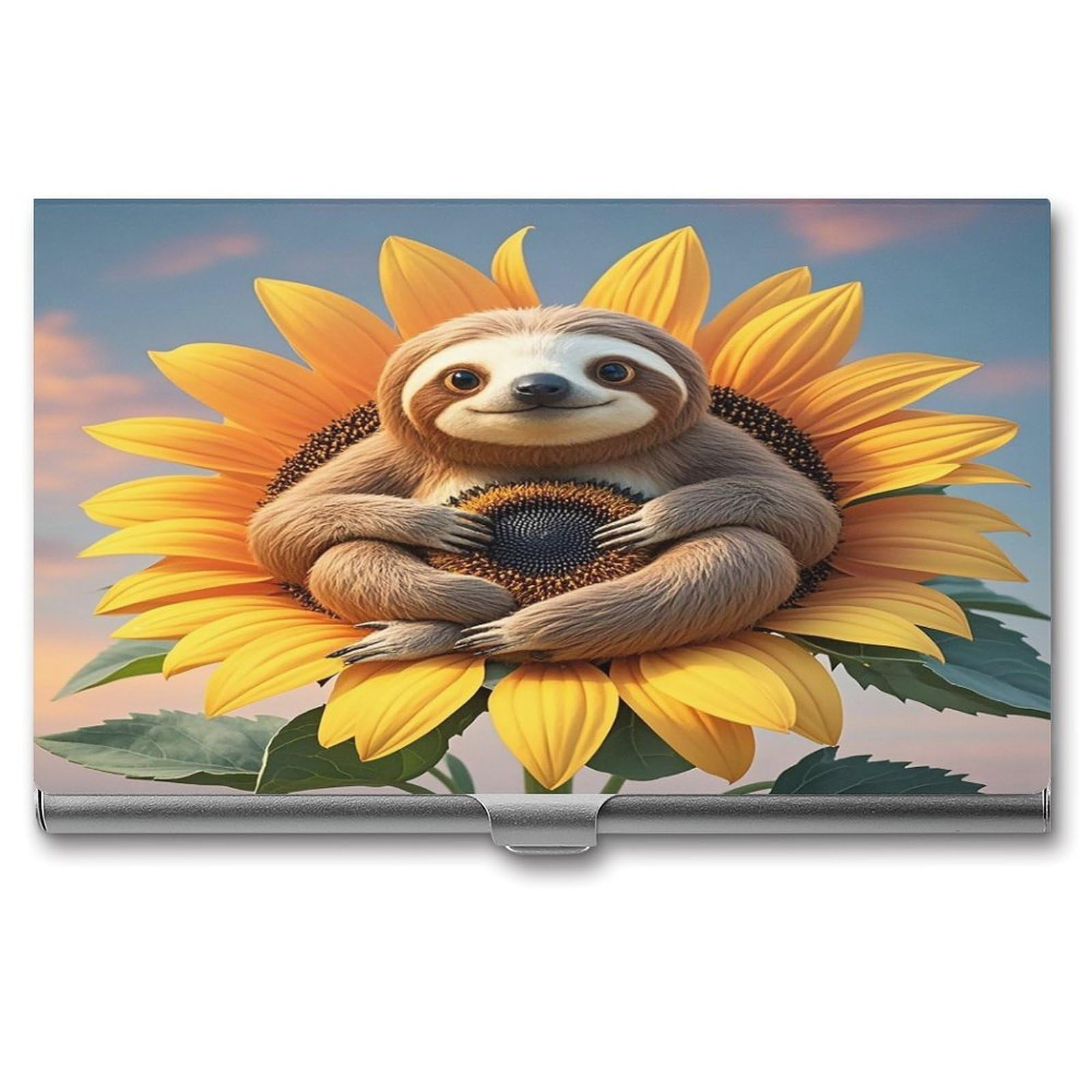 FekiLoot Sloth Sitting on Sunflower Business Card Holder Aluminum Alloy Business Card Case Convenient to Carry Business Card Dispenser for Men Women