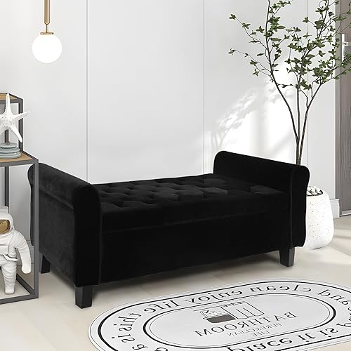 Miniatura 26 de Banco otomano de almacenamiento con brazos, banco de lino para dormitorio, banco de almacenamiento con botones para entrada, sala de estar, pasillo,