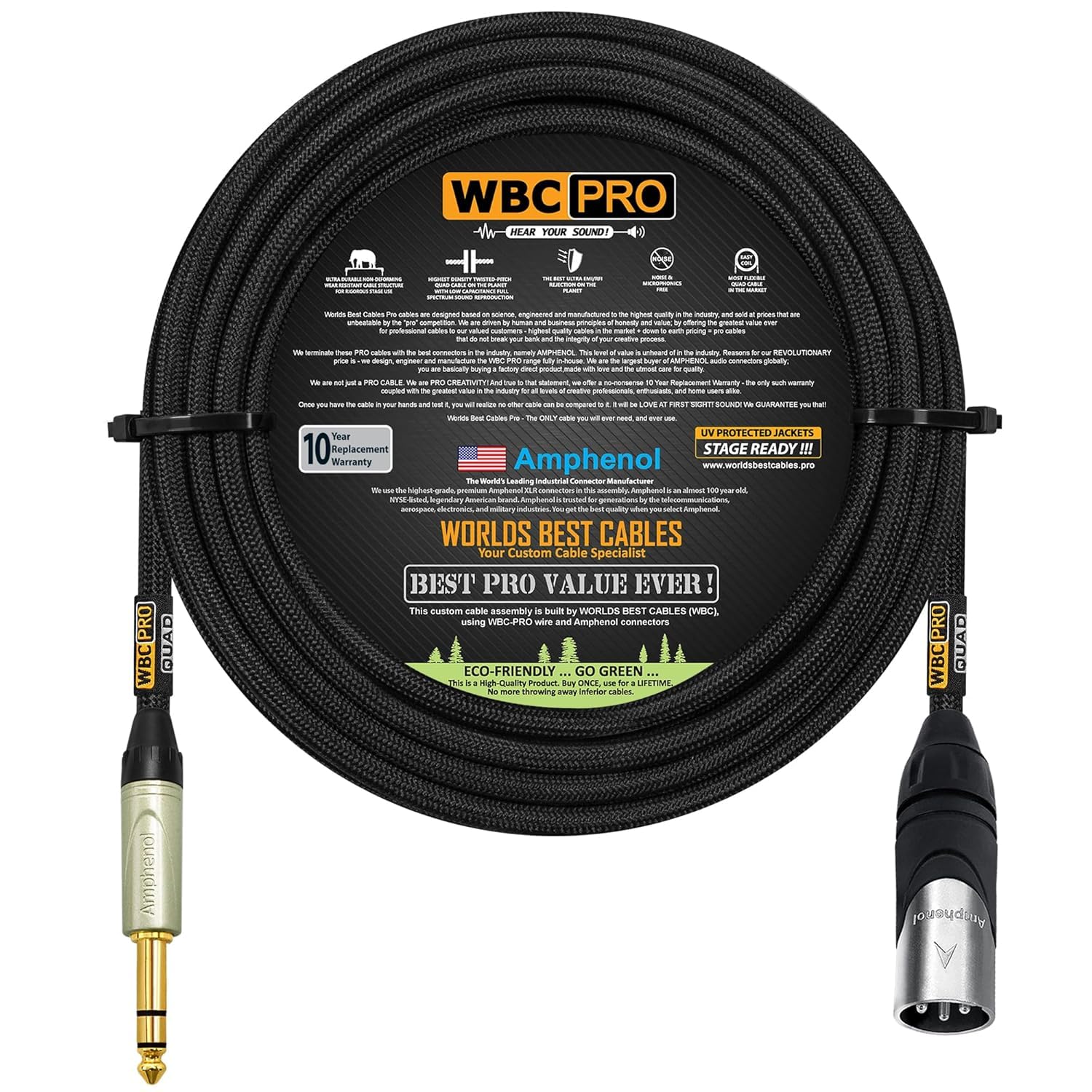 20 Foot - WBC-PRO-Quad Ultra-Silent Ultra-Flexible Balanced Star-Quad XLR to TRS Cable with Amphenol AX3M Male XLR & QS3P-AU Straight TRS Stereo Phone Plugs - Black Tweed Jacket