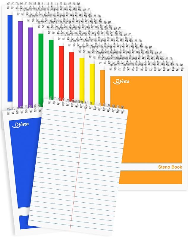 Dynta Steno Pads Spiral 6x9 12 Pack Gregg Rule Notebooks 6 Assorted Covers 60 Sheets White Paper Writing