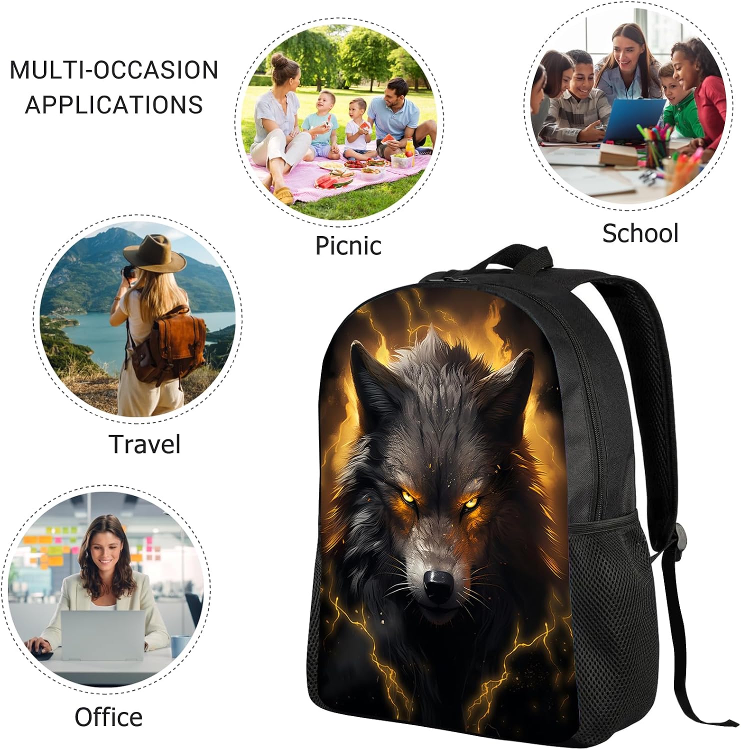 Huke Kids Wolf Backpack for Boys Girls, Cool Black Gold Lightning Backpack for School & Travel, Big Kids Child Backpacks, Elementary Middle High College Student Bookbag, Fire Wolf, 17 Inch
