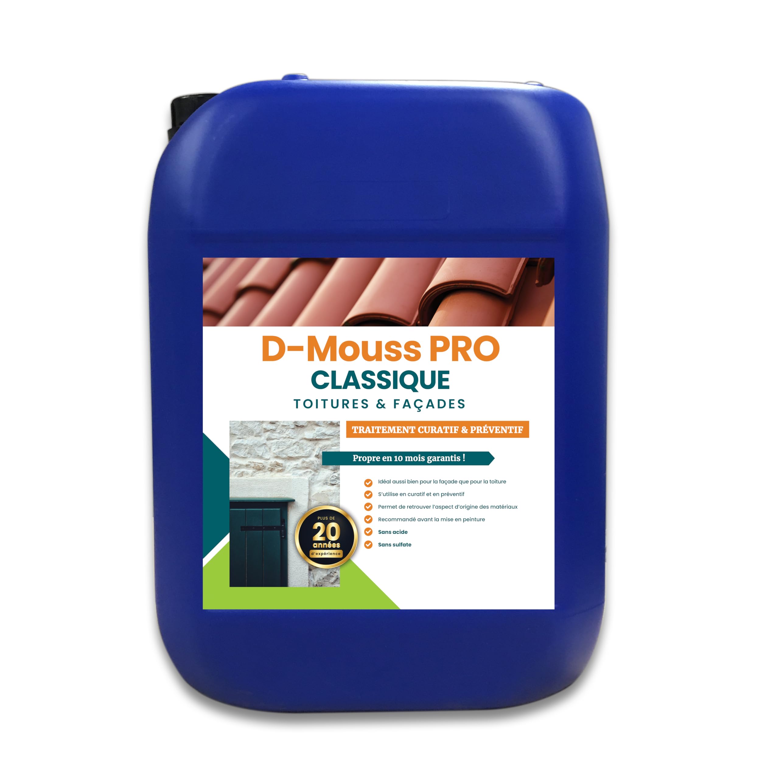D-Mouss Pro - Limpiador profesional para techos y fachadas, tratamiento curativo y desincrustante de larga duración, listo para usar, antihuellas, color verde, negro y rojo, 20 l