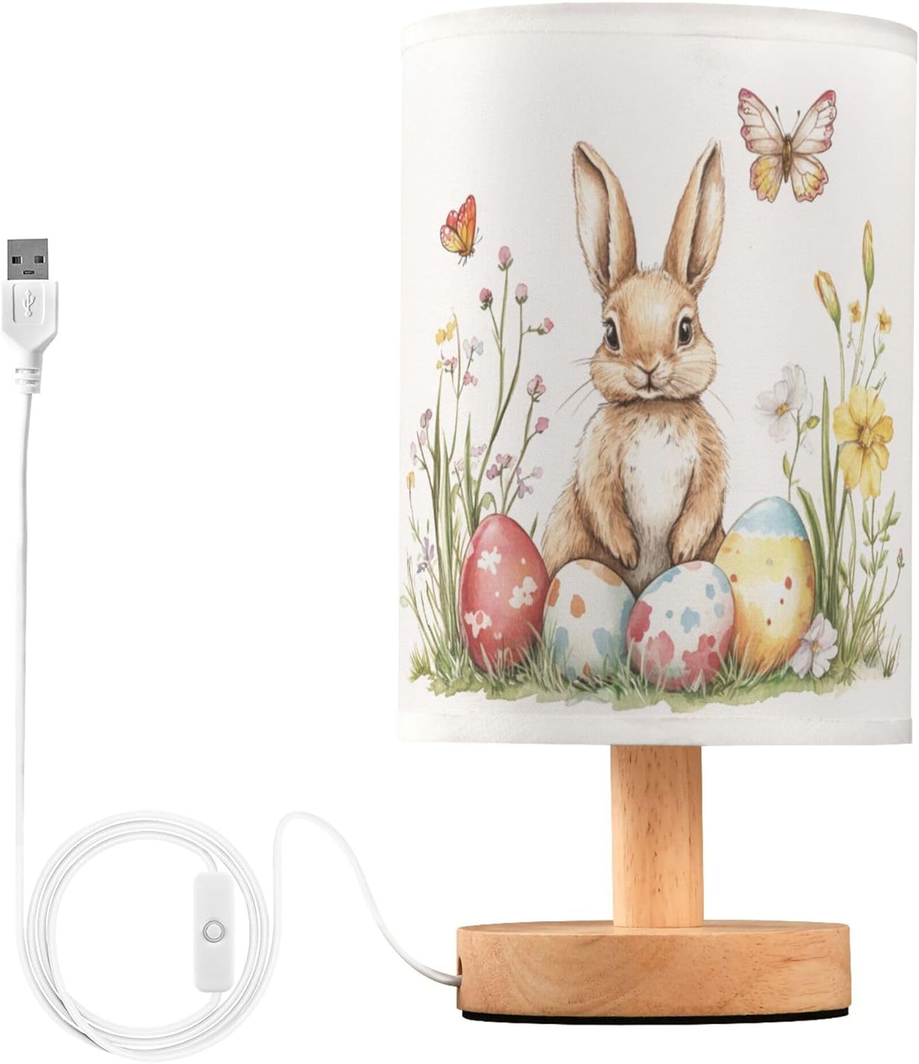 Watercolor Easter Bunny Butterfly Egg Floral Table Lamp with Wood Base Fabric Lamp Shade Bedside Nightstand Desk Lamp for Living Room Bedroom Kids Room Office