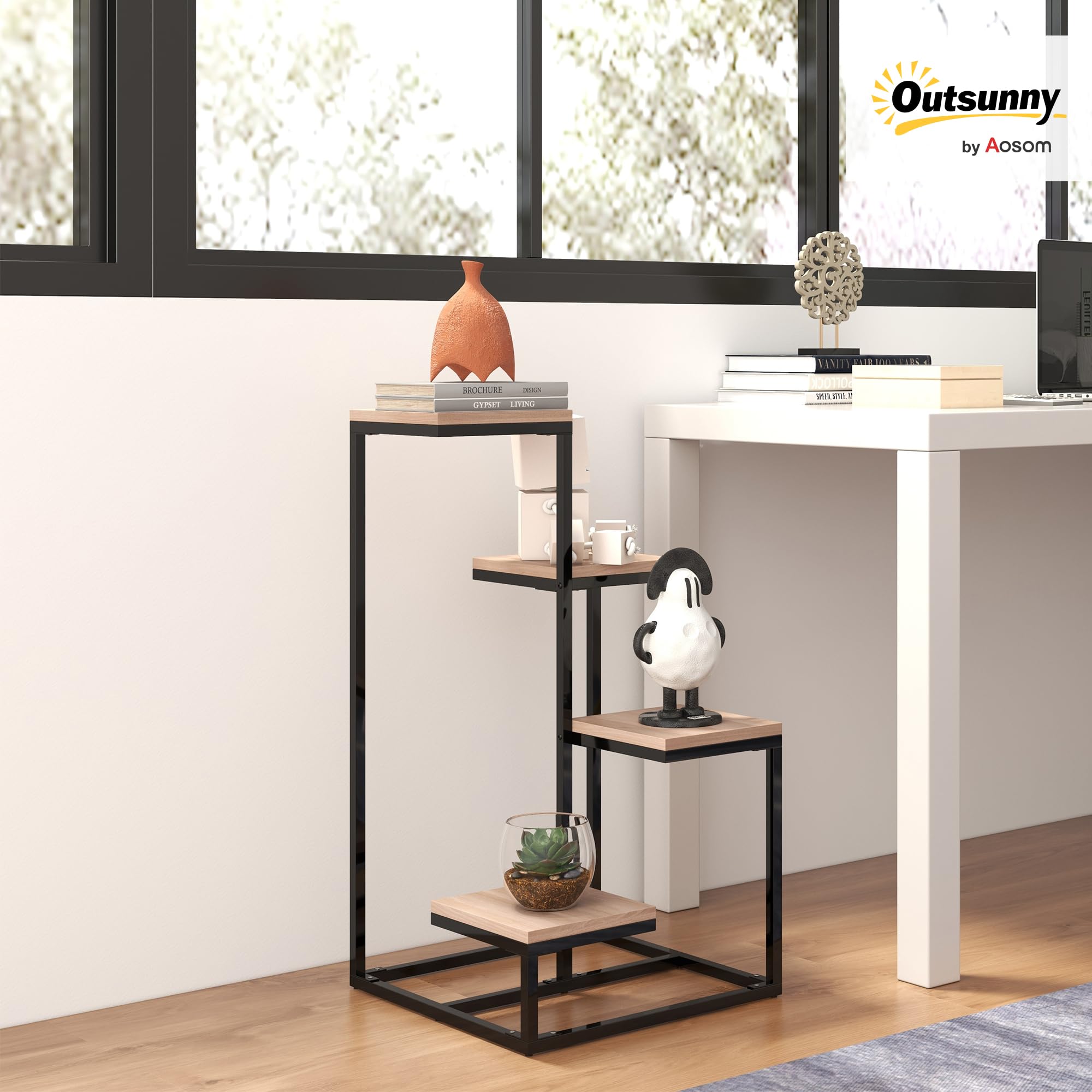 Outsunny Étagère à plantes, étagère à fleurs en bois et métal, 4 niveaux de différentes hauteurs, style industriel, 40 x 40 x 75,5 cm, noir et marron