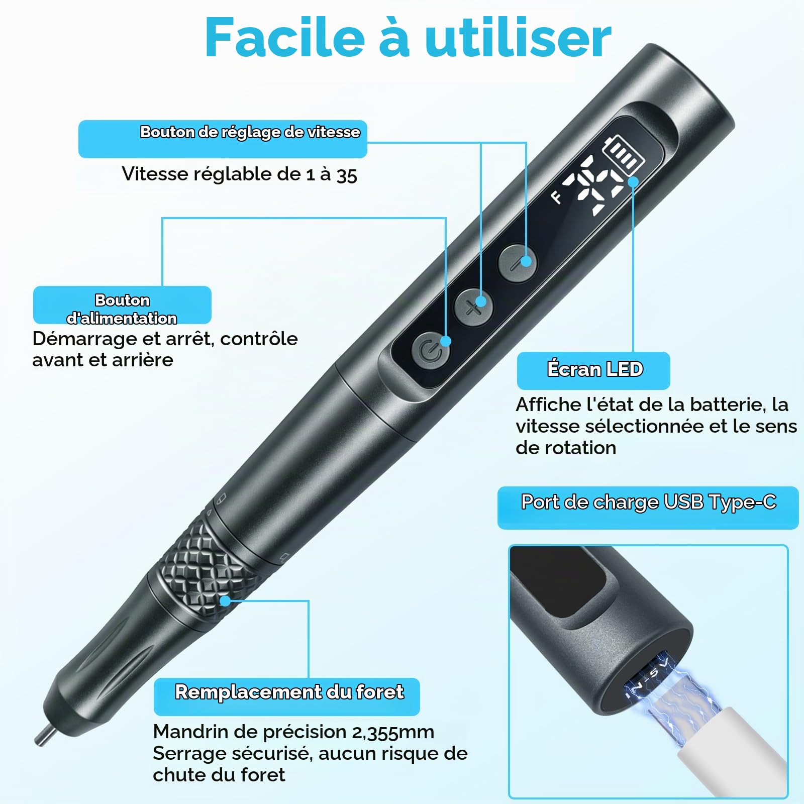 CGBE 35 Vitesses Stylo Graveur avec 58 Accessoires pour Artistes Bricoleurs | USB Rechargeable Stylo Graveur Électrique pour Verre Bois Métal - Professionnel Stylo à Graver Portable avec Écran LED