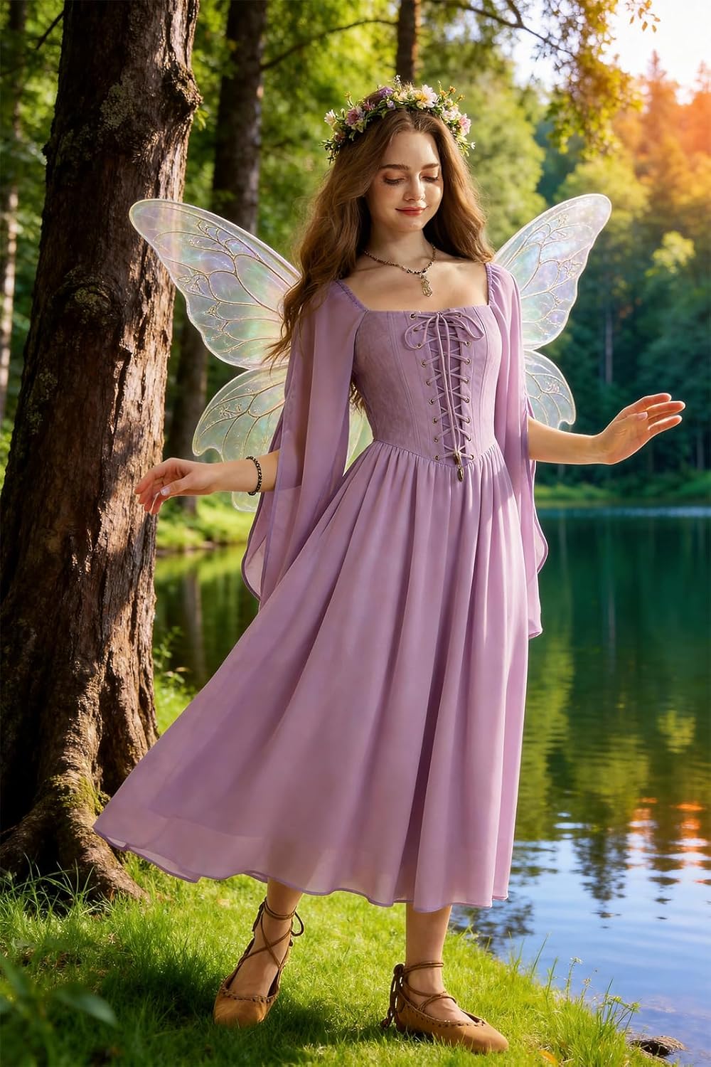 Scarlet Darkness Renaissance Costume Women Pirate Dresses Split Bell Sleeve Medieval Ren Faire Dress with Pockets - Image 3