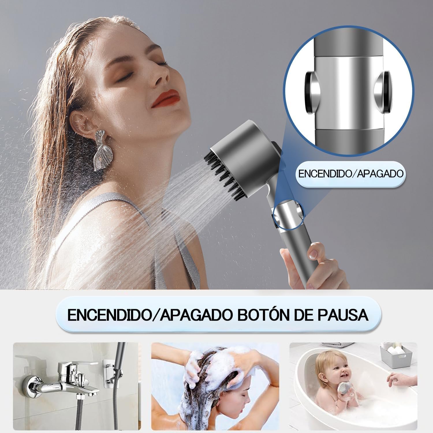 Alcachofa de Ducha de Alta Presión,Incluye manguera de1,5metros y soporte,4 modos, Alcachofa de ducha economizadora con filtro y botón de OFF/ON, Ideal para Aguas Duras y Limpieza del Baño,Grey — view 4