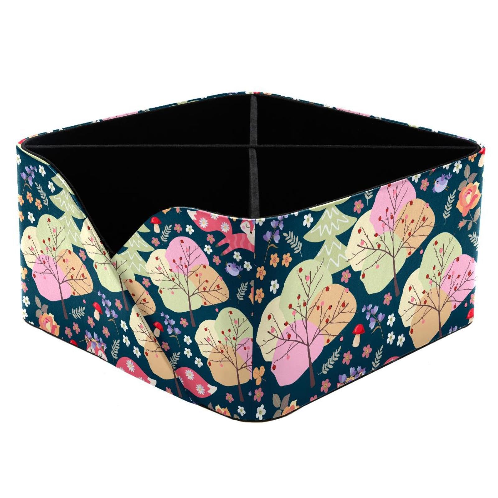 KengjuTesu Foxes and Birds in Forest with Trees Flowers and Mushrooms Desktop Organizer Pen Holder, Rectangular Pencil Cup for Office, Study and Makeup Stations