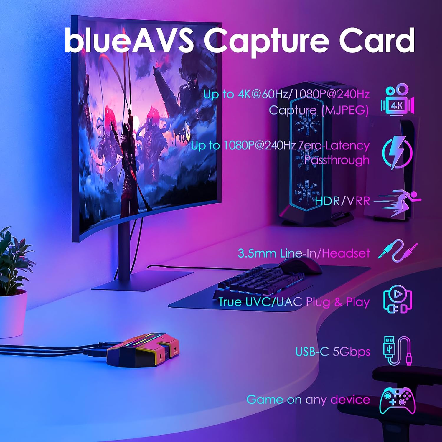 BlueAVS HDMI Video Capture Card for Game Streaming, 4K 60Hz HDR VRR ALLM Passthrough, 1080P 240Hz, USB-C External Capture Card for PS5, Xbox Series X/S, Switch, Compatible with PC Mac, OBS Streamlabs