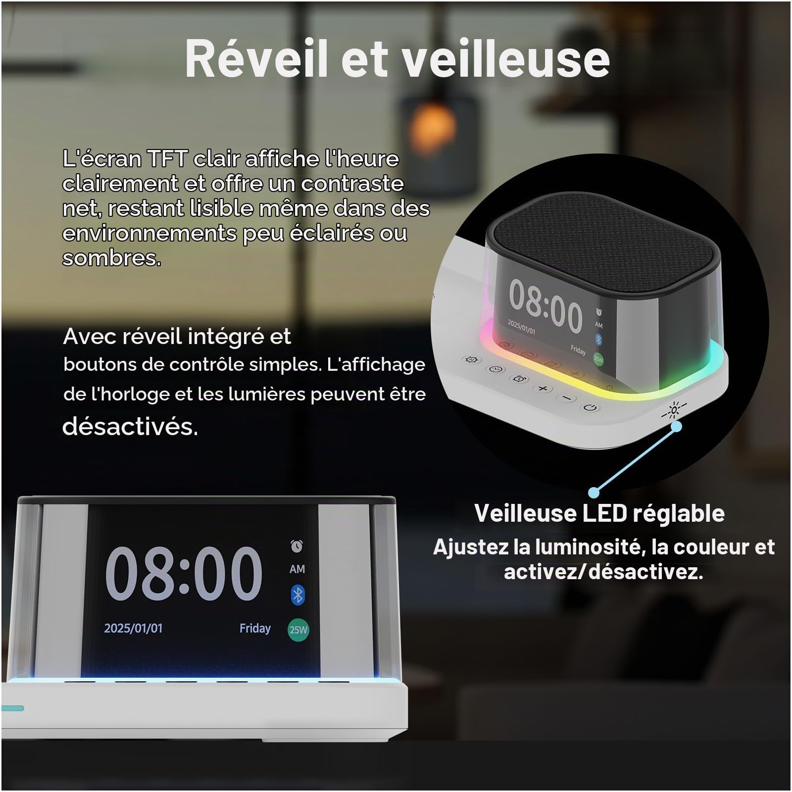 Chargeur sans Fil 5-en-1 avec Réveil, Haut-Parleur Bluetooth & Veilleuse LED pour MagSafe par MMOBIEL – Station de Charge sans Fil Qi2.2 25W pour iPhone, Apple Watch & AirPods – Blanc