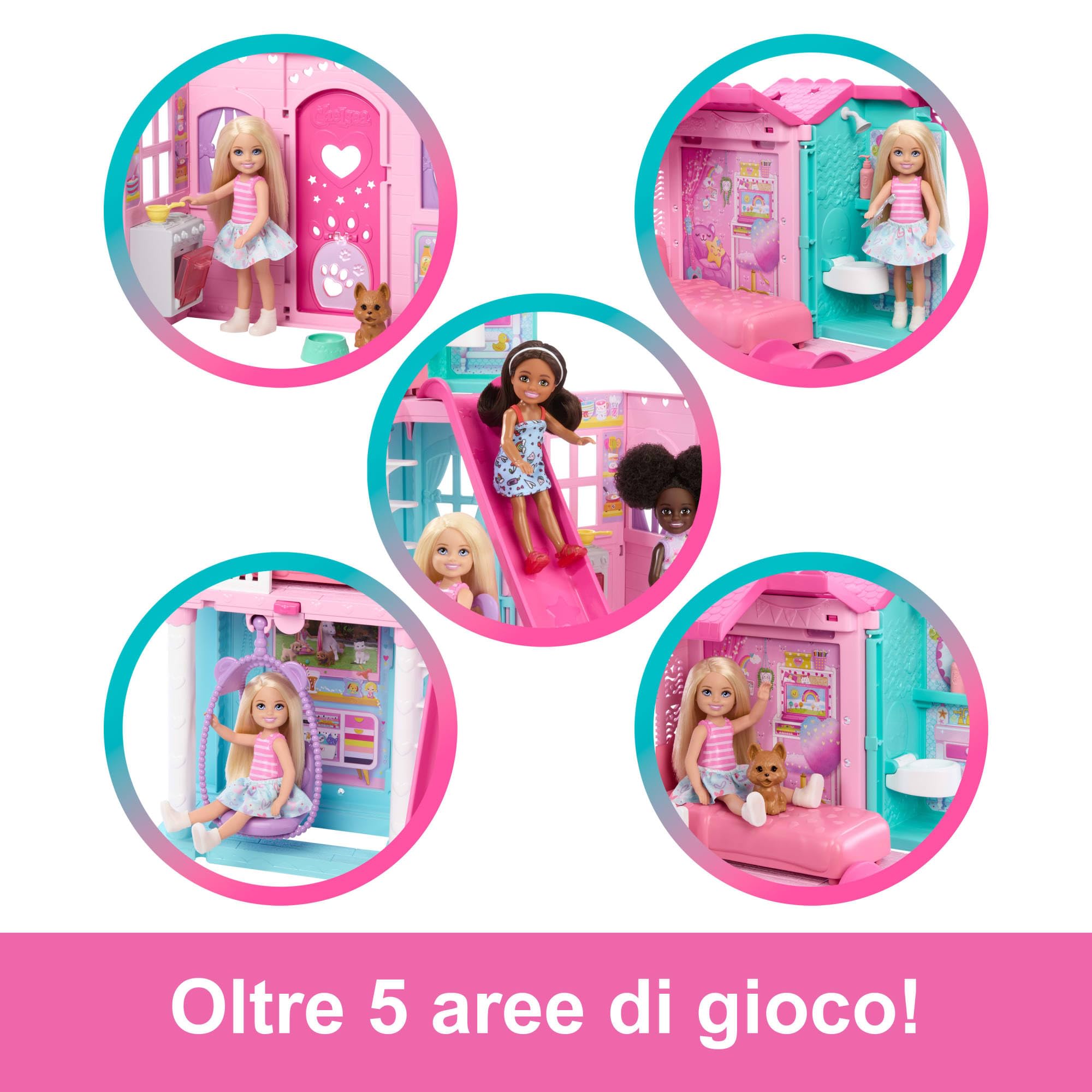 Barbie - Chelsea Casa a Scomparsa, set con 5 aree di gioco e scivolo, mini bambola Chelsea, cagnolino e 15 accessori a tema inclusi, giocattolo per bambini, 3+ anni, JFW49