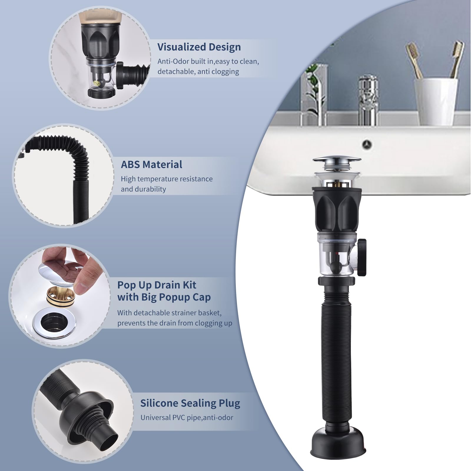 Bathroom Sink Drain Pipe Kit With Pop-Up Stopper & Hair Catcher - Flexible P-Trap For 1-1/4" & 1-1/2" Pipes