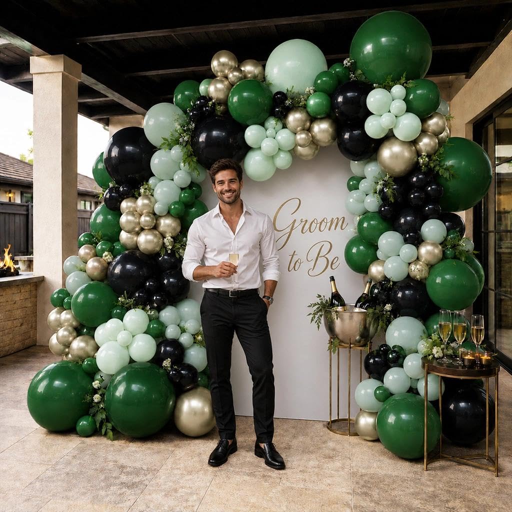 Grüne schwarze Ballon-Girlande, staubige grüne Luftballons, dunkelschwarzer Salbei, Goldballons für Abschlussfeier, Babyparty, Brautparty, Dschungel, Geburtstag, Abschlussball, Party-Dekorationen