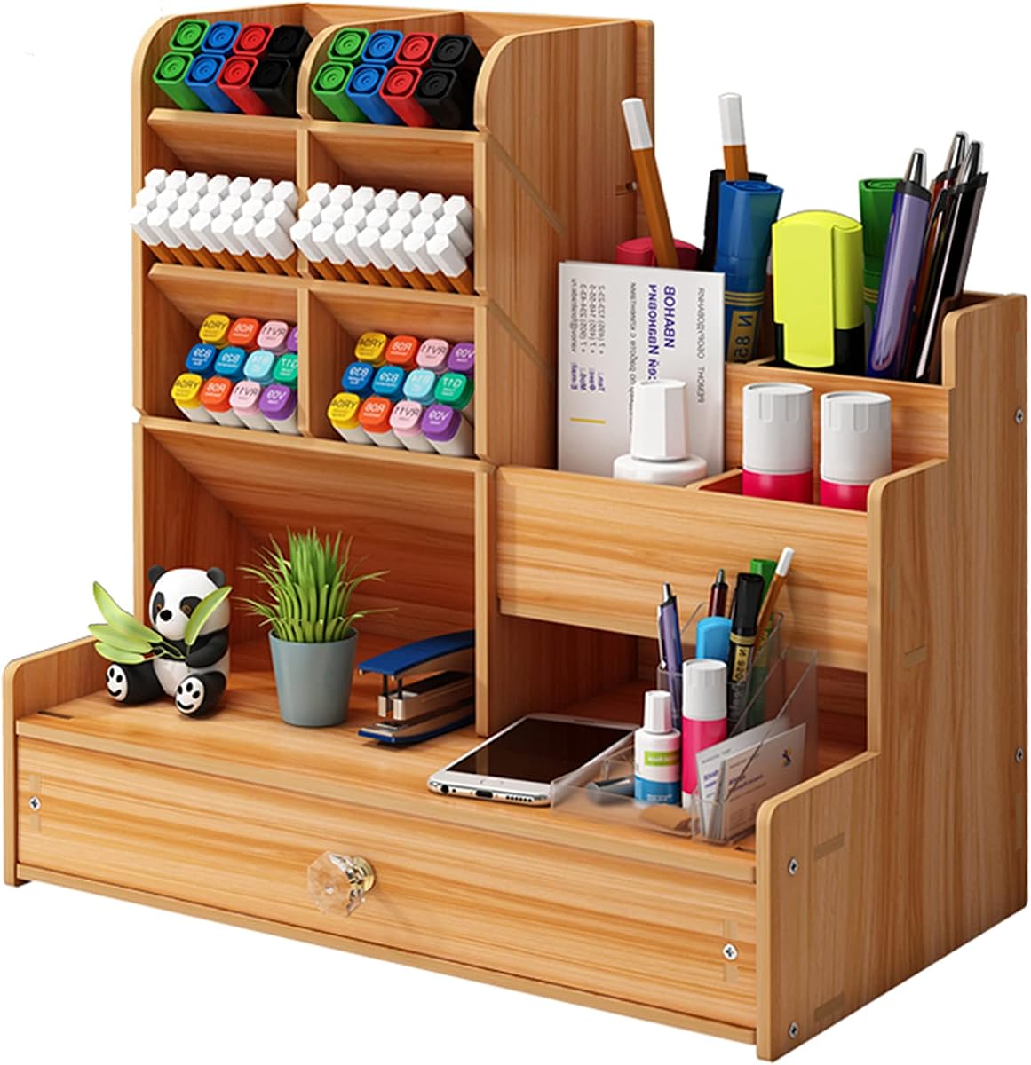 Upgraded Wooden Pencil Holder, Pen Organizer for Desk, Easy Assembly, Art Supply Organizer, Desktop Stationary (Cherry)
