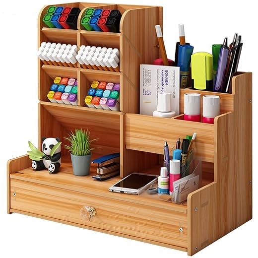 Marbrasse Upgraded Wooden Pencil Holder, Pen Organizer for Desk, Easy Assembly, Art Supply Organizer, Desktop Stationary Organizer (Cherry)