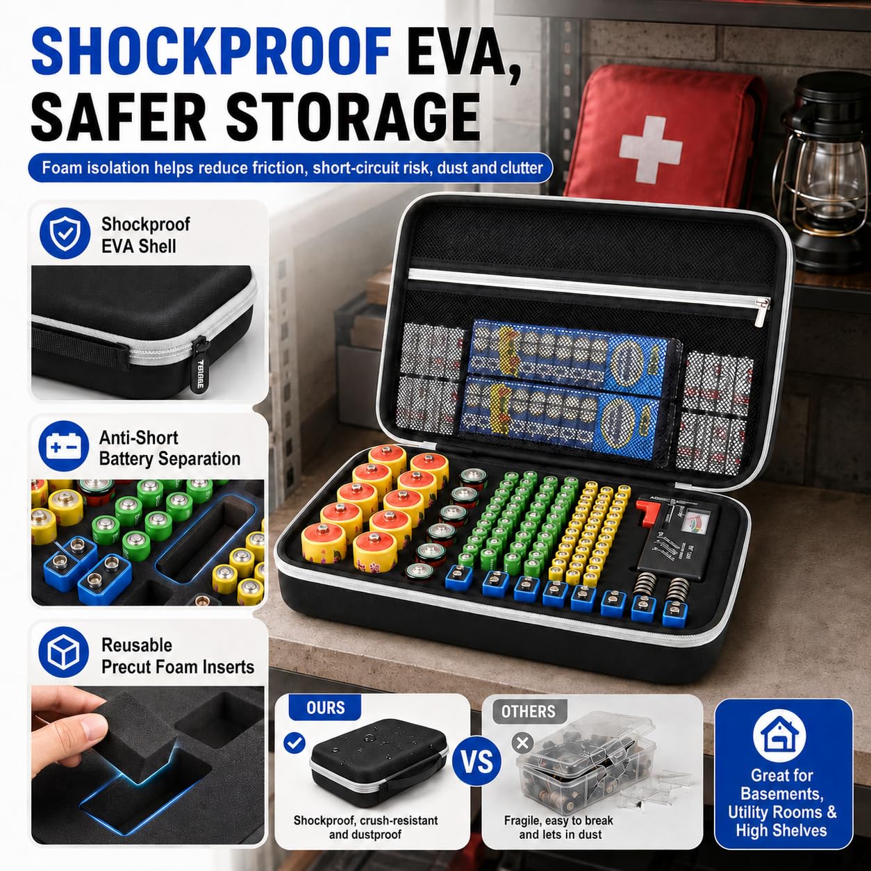 Batteriebox Aufbewahrung Batterien Tasche Case Variety Pack Organizer Batteriekasten mit Tester hält 140+ AA, AAA, C, D, 9V, cr1632, cr2016,Lithium 3V Knopfbatterien Caddy Container (Schwarz)