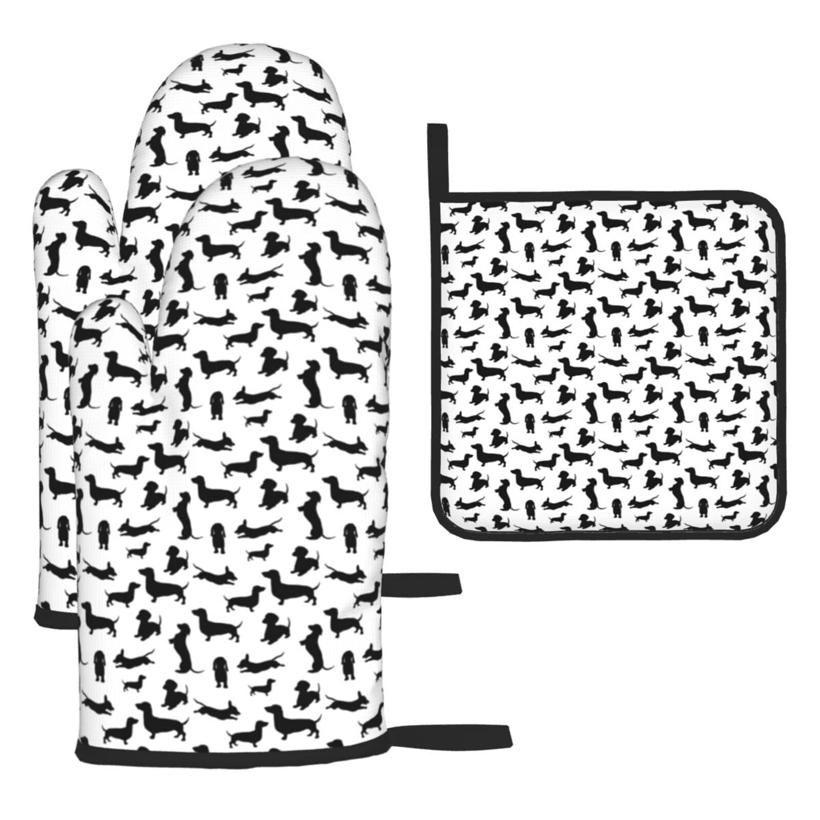 Black Dogs Dachshund Dog Print Oven Mitts Kitchen Gloves Set Everyday Baking Grilling Microwaving Cooking Gift