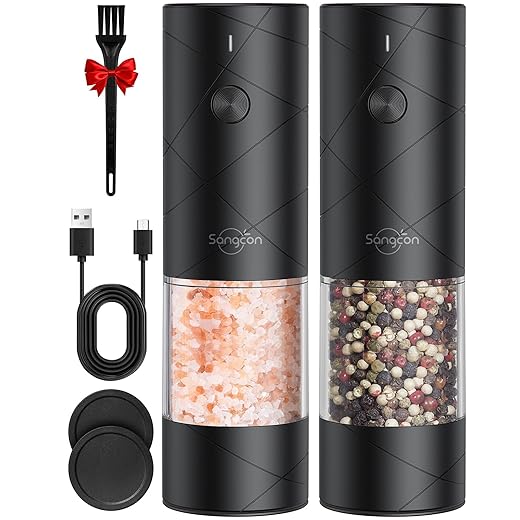 Sangcon Electric Salt and Pepper Grinder Set USB Rechargeable,Large Capacity Automatic Salt and Pepper Grinder Set,One Hand Operation,6 Adjustable Coarseness & LED Lights with Dust Cover