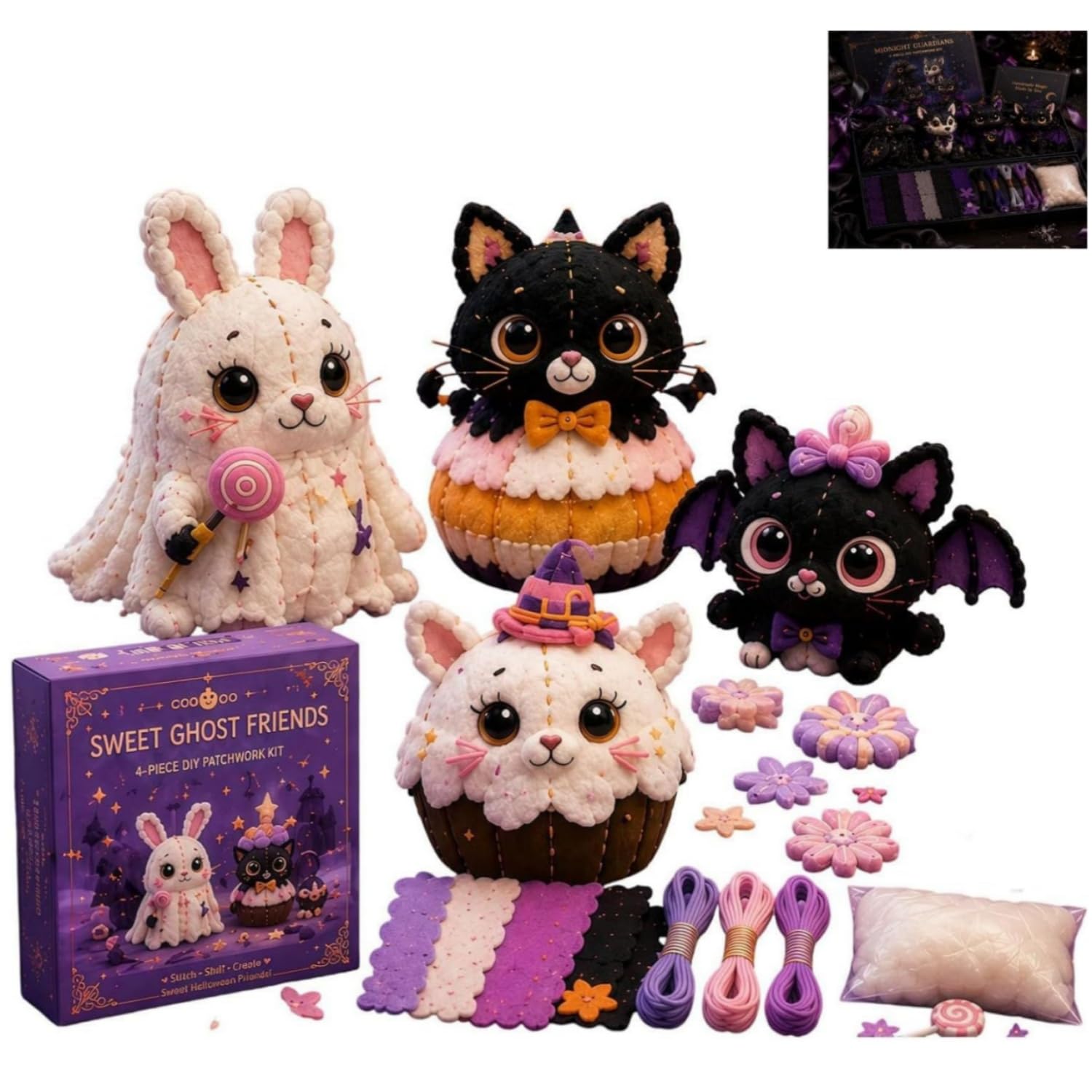 APOMNG 4 Piece DIY Patchwork Sewing Kit for Adults Beginners Fun Character Designs Handmade Felt Stuffed Craft Gift Set Home Decor,M