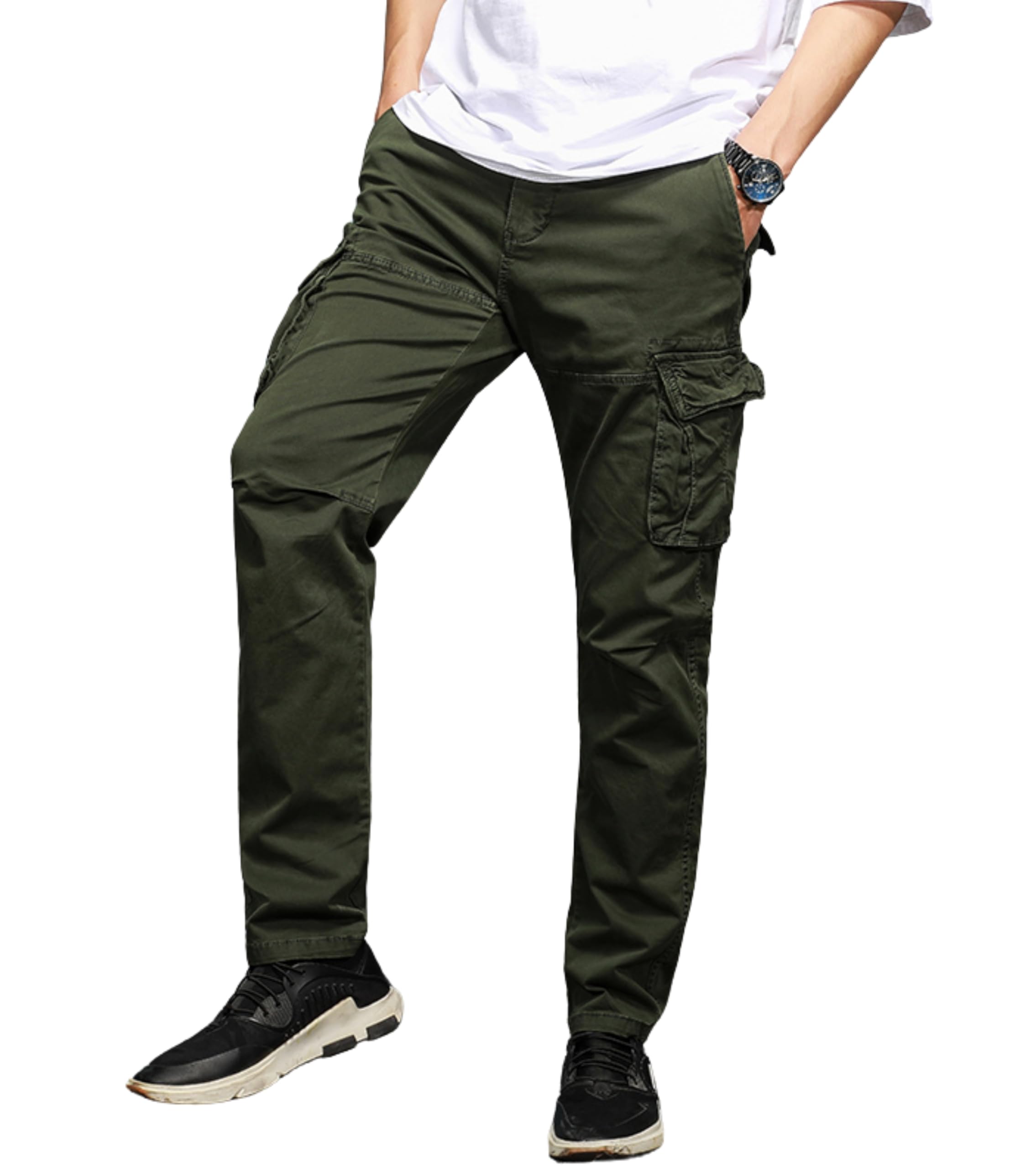 L'MONTE Imported Cargo Joggers for Men | Multi Pocket Cotton Cargo Pants | Regular Fit Casual Trousers for Men | Button Closure Jogger Pants(36,Green)