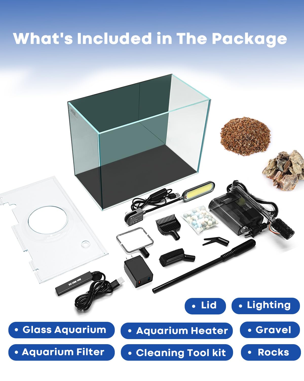 Glas-Aquarium-Set, Starter-Set mit Heizung, Wasserpumpe, Reinigungsfilter, helles Licht, Felsen, Kies, Reinigungswerkzeug, auslaufsicher, klar, randlos, Schreibtisch, platzsparend, Betta-Fische