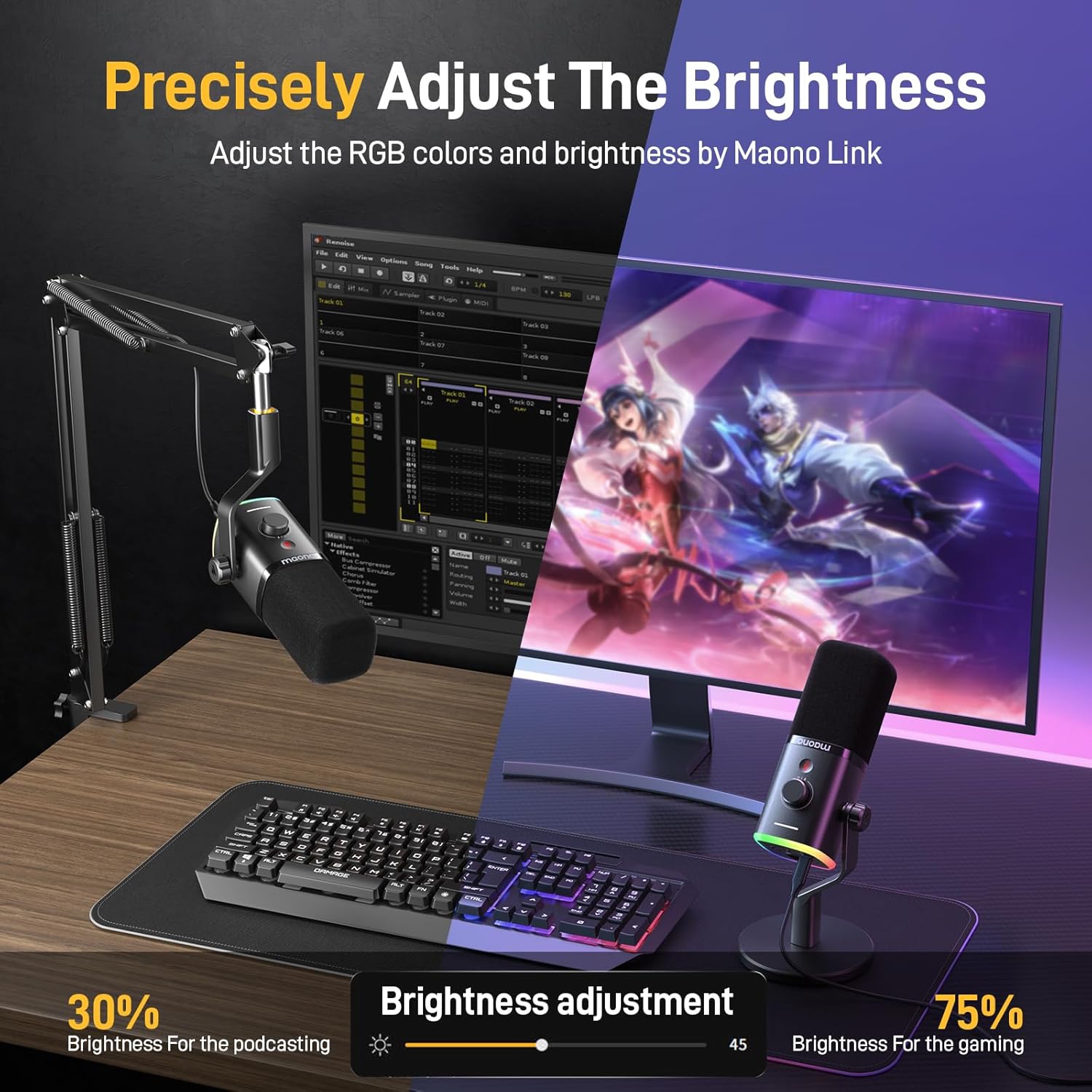 Screenshot of Maono Link software showing RGB brightness adjustment for the microphone, with settings for podcasting (30%) and gaming (75%).