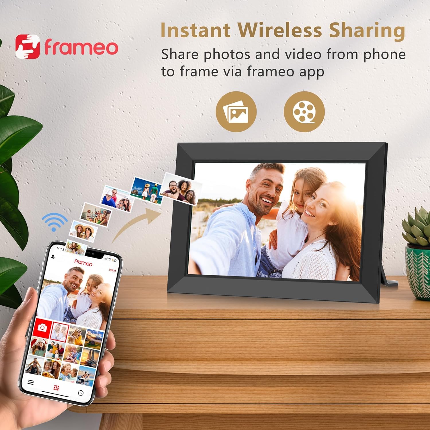 Frameo Marco Fotos Digital WiFi- Pantalla Táctil HD IPS 1280 x 800 10,1 Pulgadas, Memoria 32 GB, Rotación Automática, Montaje Pared, Compartir Fotos y Vídeos Instante, Me-j-or Opción para R-e-g-a-l-o