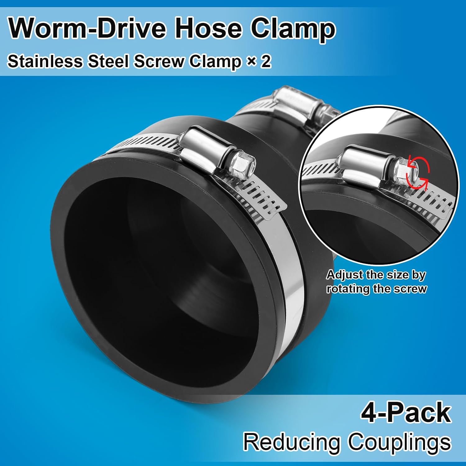 4 Pcs 3" x 2" Flexible PVC Black Reducing Pipe Coupling with Stainless Steel Clamps Fits for Dwv Pipes, Cast Iron, Plastic, Copper, Steel Plumbing Connections