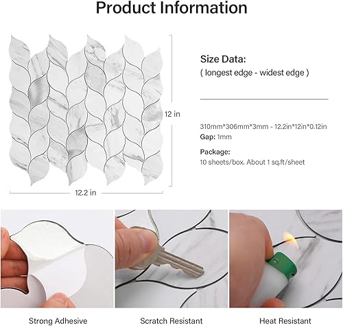 Miniatura 4 de Azulejo de PVC de 10 hojas para salpicaduras de cocina, mosaicos metálicos autoadhesivos hexagonales largos para fondo, baño, decoración del hogar