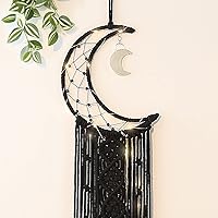 Vista 2 de ANROYE Colgante de pared tejido de macramé bohemio, crochet, luna creciente, estrella, atrapasueños con borla larga, algodón negro, hecho a mano