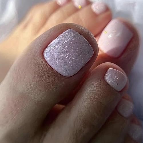Miniatura 10 de Uñas postizas cuadradas rosadas brillantes a presión en los dedos de los pies, uñas cortas SWEKKE acrílicas para dedos de los pies, color rosa liso