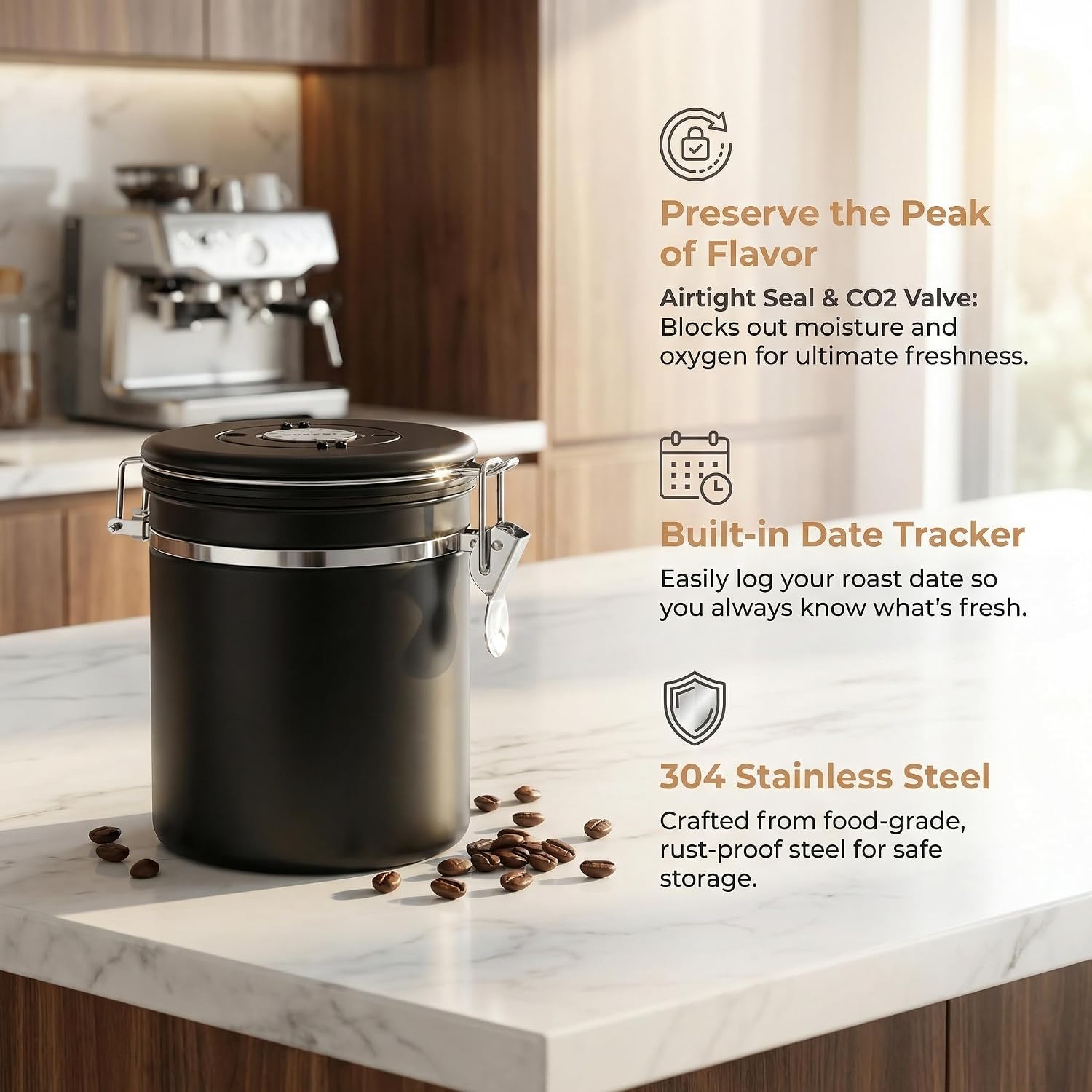 Coffee Canister, 1.5L, Date Tracker, CO2 Valve, Black