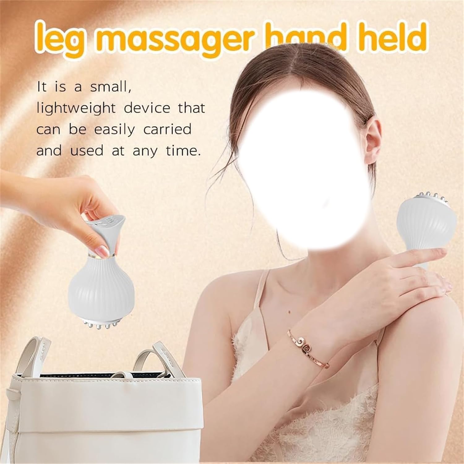 Hand holding the Cleanse 4-in-1 Leg Massager, demonstrating its compact size and portability, fitting into a handbag