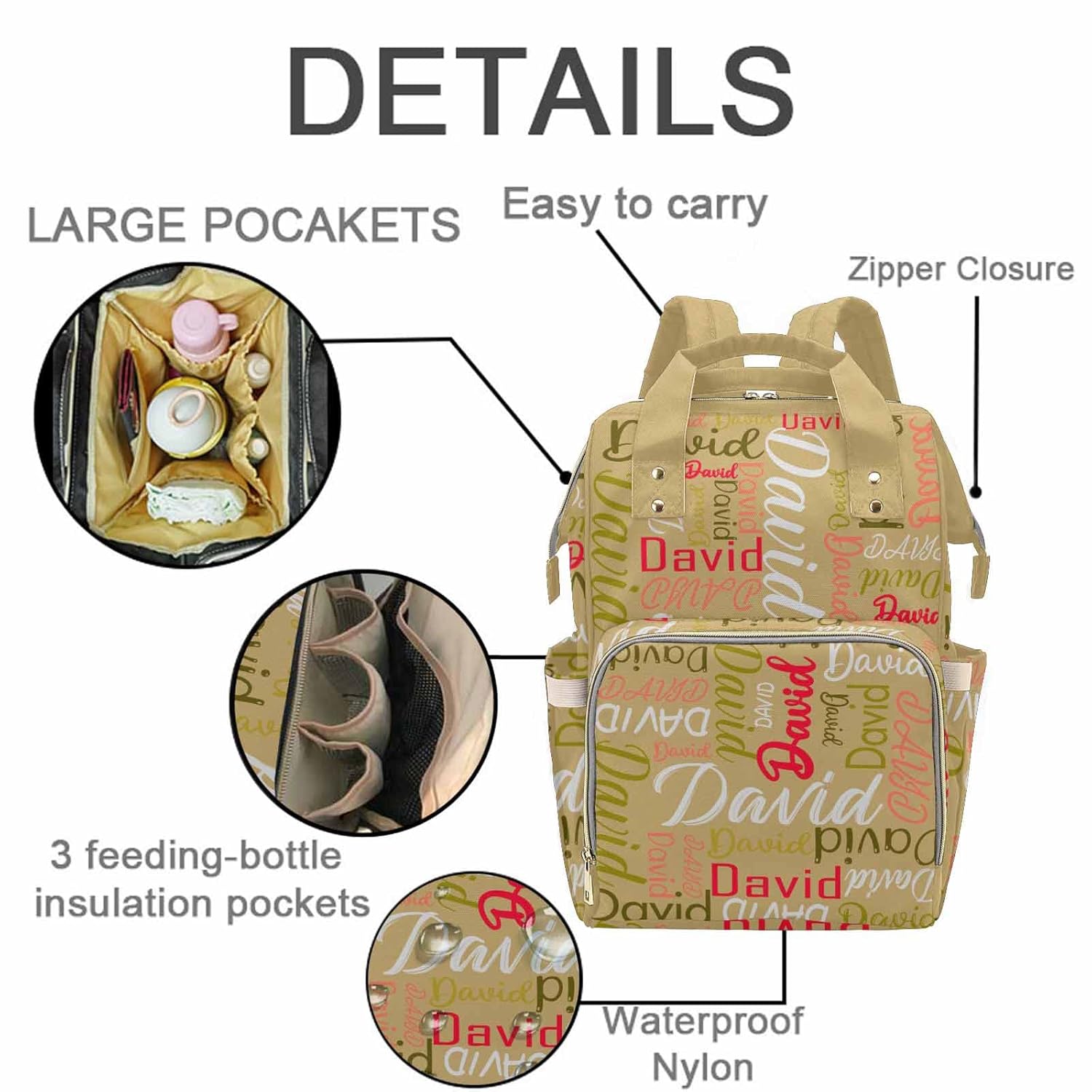 Custom Name Diaper Bag Backpack for Baby Boy, Personalized Beige Large Nappy Nursing Orangizer Mommy Bags, Waterproof Travel Daypack Gifts for Mom Dad