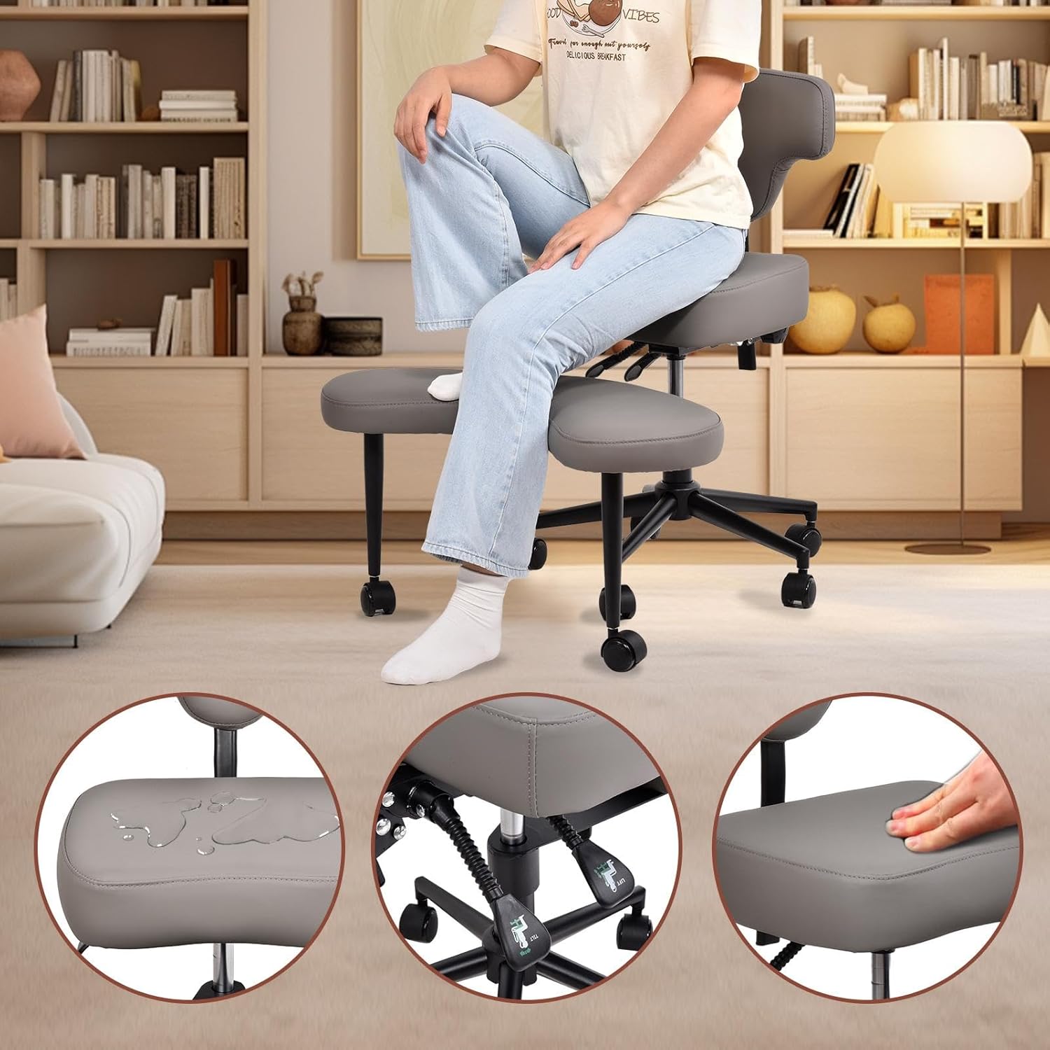 Meditation Chair, Ergonomic Desk Chair with Wheels, Height Adjustable Seat with Lumbar Support for Living Room, Pose Improvement