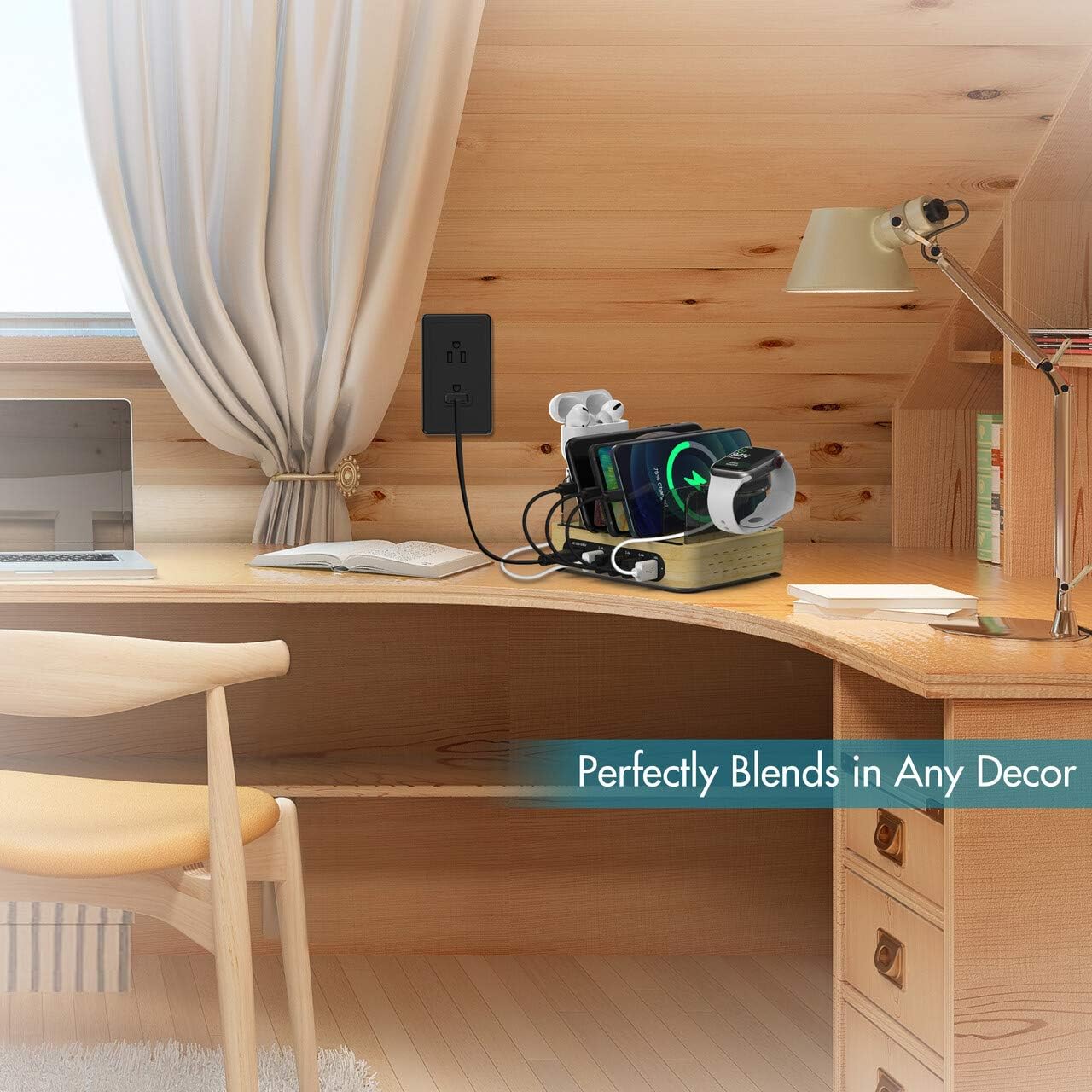 Tор Rаtеd Bamboo Charging Station for Multiple Devices, 40W 5-Port Desktop USB Charger, Charging Stand Dock Compatible iPhone 11/Pro/Max, Galaxy S9/S8, iPad, Tablet and More (5 Charging Cables Included)
