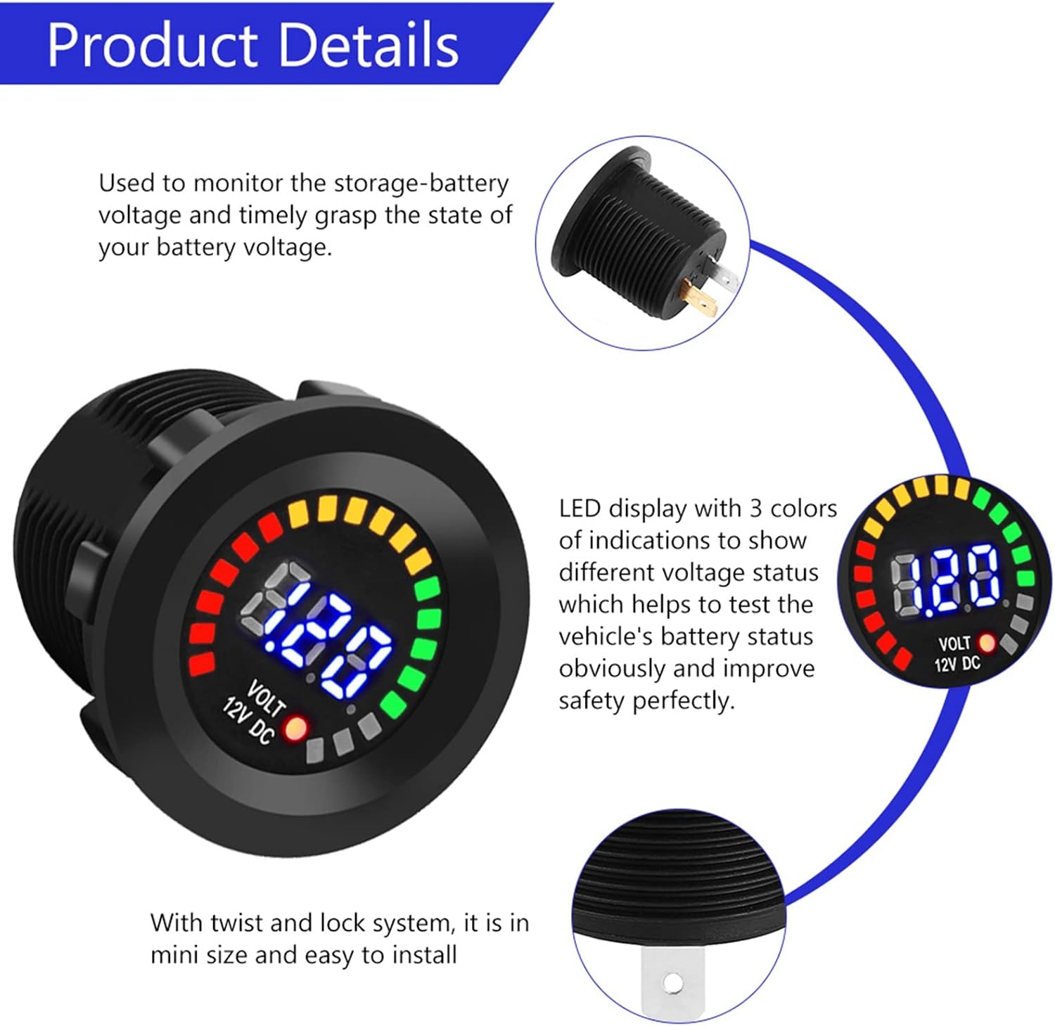 12V LED Digital Display Voltmeter, Waterproof DC Volt Meter Gauge Digital Round Panel for Boat Marine Vehicle Motorcycle Truck ATV Utv Car