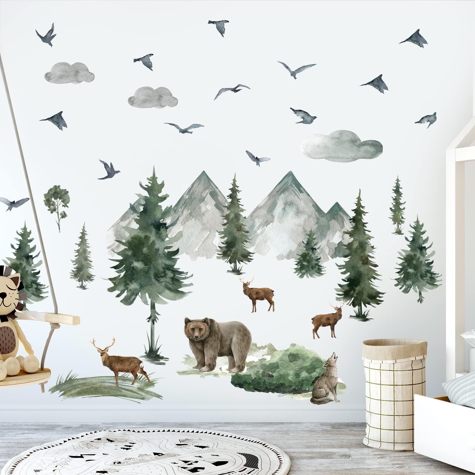 Woodland Nursery Wall Stickers Watercolor Mountain Tree Wall Decal Jungle Trees Animals Wall Decals Sticker DIY Cartoon Deer Bear Wolf Forest Animal Kids Wallpaper for Kids Room Bedroom Nursery Decor