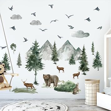 Woodland Nursery Wall Stickers Watercolor Mountain Tree Wall Decal Jungle Trees Animals Home Decals Sticker DIY Cartoon Deer Bear Wolf Forest Animal Home Sticker for Kids Room Bedroom Nursery Decor