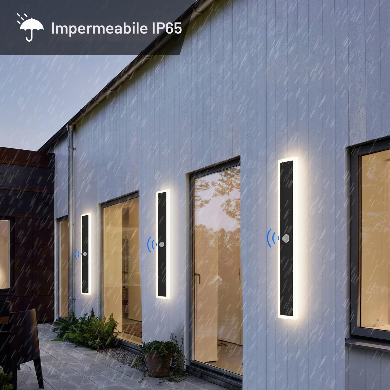Klighten Led Lunga Applique da Esterno/Interno, Lampada da Parete con Sensore di Movimento 60CM/20W, IP65 Luce da Parete Acciaio inossidabile+Acrilico, per Villa/Terrazzo, Bianco Caldo 3000K, Nero