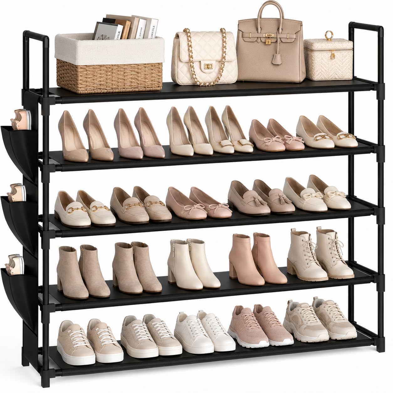 SPUSEN Shoe Rack Shoe Storage,5 Tier Tall Narrow Shoe Organizer for Closet Entryway Shoe Shelf Holds 20-25 Pairs with Hooks, Black