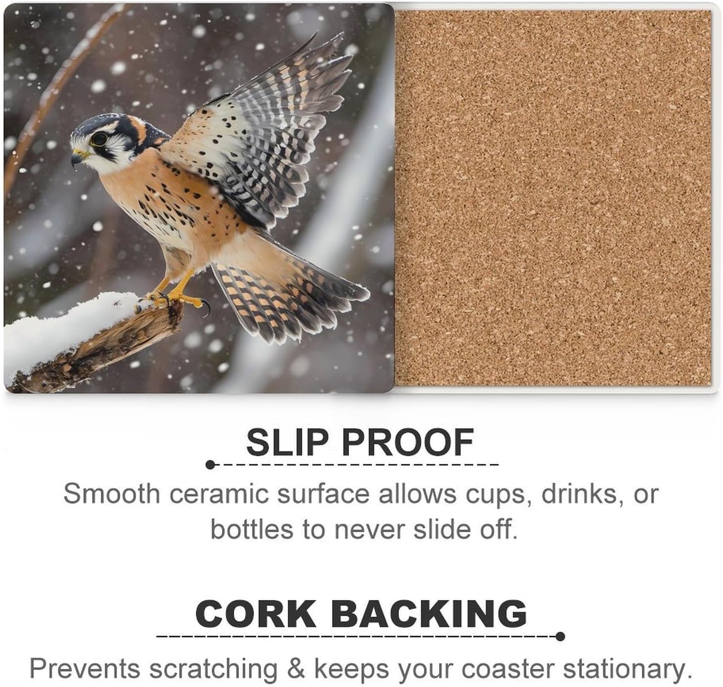 Kestrel Bird in Snowy Day Funny Ceramic Coasters for Drinks Absorbent Cup Holder Tabletop Protector with Cork Base