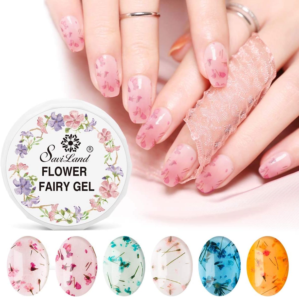 Saviland Dried Flower Gel Nail Polish, 6 Colors Soak Off U V LED Nail Varnish Decoration Manicure Nail Art Design Kit (Pink Blue Yellow)