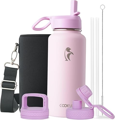 Miniatura 13 de Coolflask - Botella de agua de 64 onzas, aislada, con popote y 3 tapas, con diseño Galaxy, de acero inoxidable al vacío, mantiene las bebidas frías