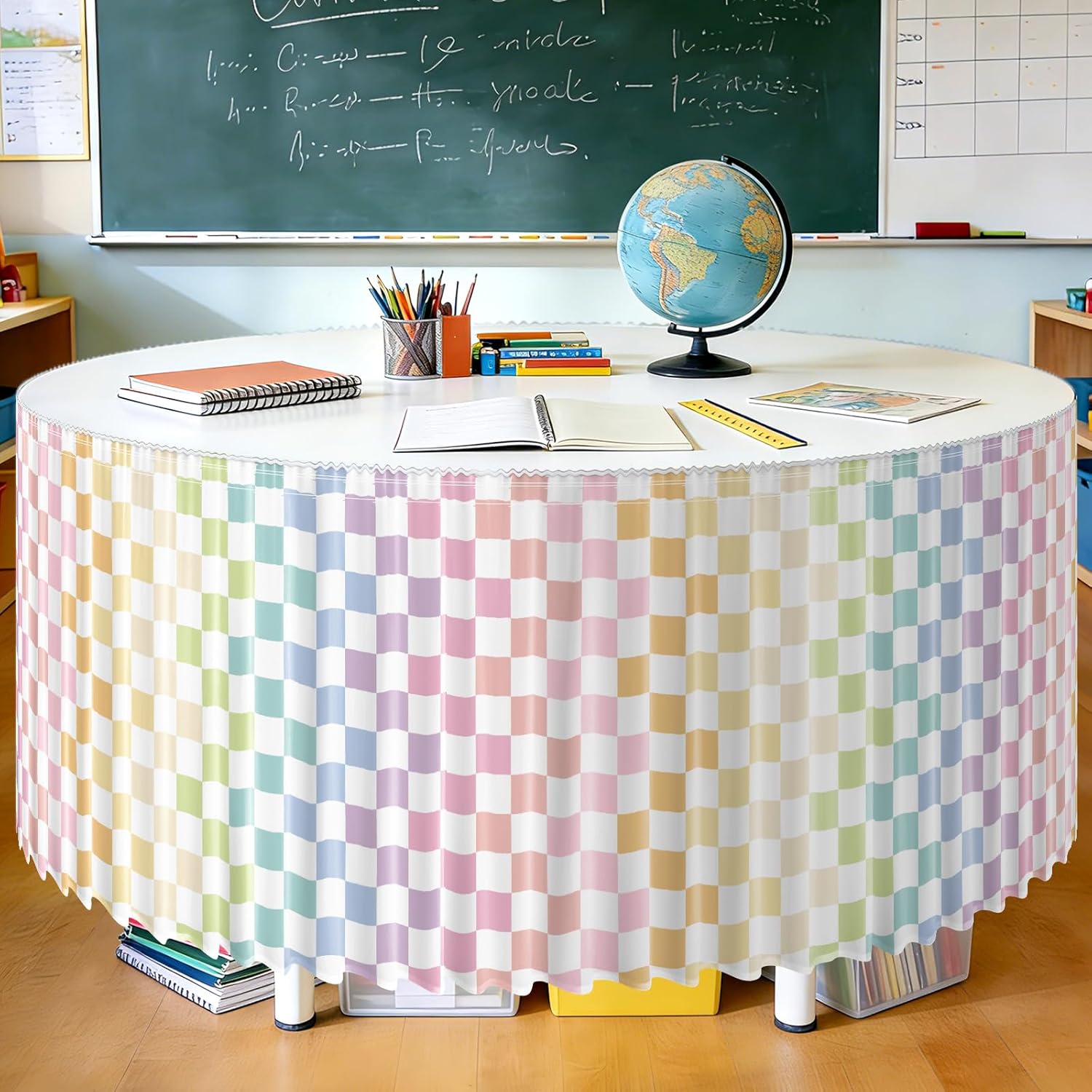 9FT Pink Table Skirt Ruffle Teacher Desk Skirts for Classroom Decorations Rectangle Round Table Cloths Desk Cover Skirt for School Party Supplies Kindergarten Dorm Office Bookcase Cabinet Bed Shelf