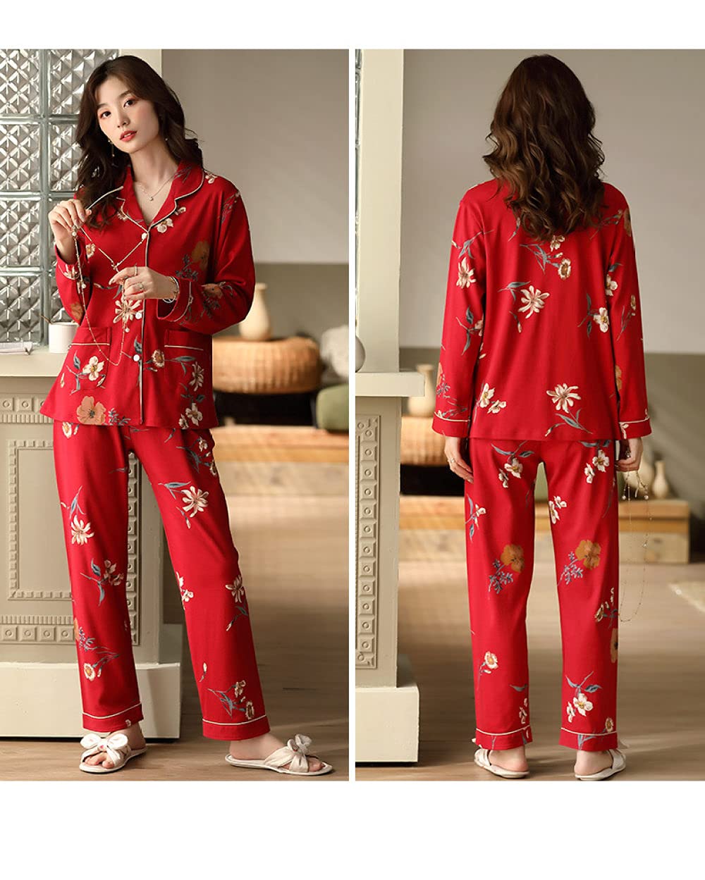 Manga Larga Pijama De Mujer De Dos Piezas,Conjunto De Pijama De Manga Larga para Mujer, Cuello Clásico con Muesca, Suave Y Cómodo, Algodón Puro, Rojo, Ropa De Salón, Pijama De Otoño Invierno Pa