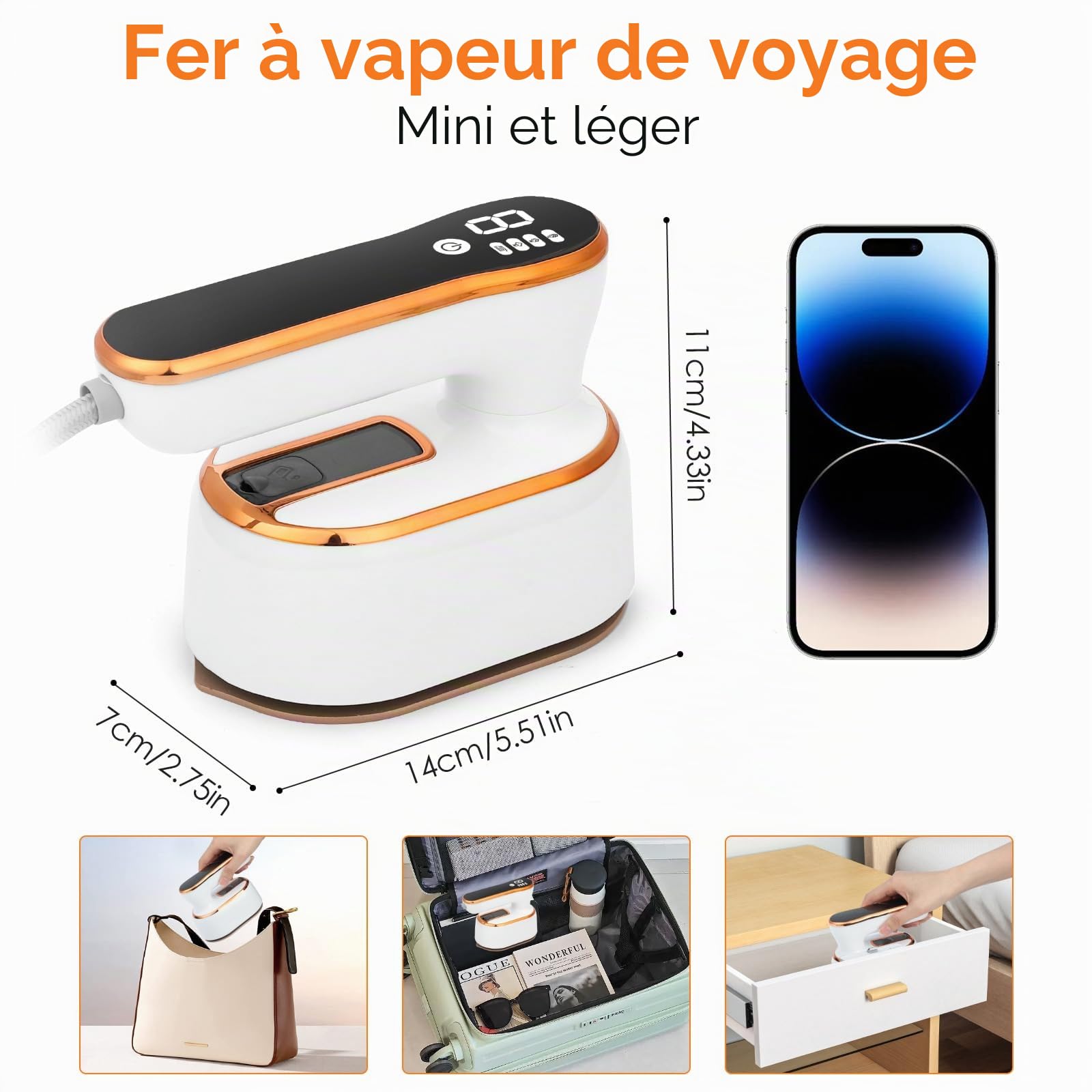 Mini Fer À Repasser De Voyage 1190 W, Petit Fer À Repasser Voyage Portable Pliable avec Affichage LED et Vapeur à 4 Niveaux, Mini fer a Repasser Couture pour Les Voyages et la Maison